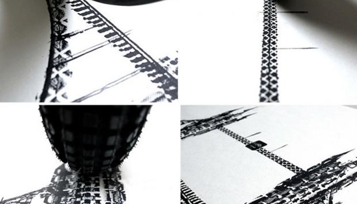 Томас боядисва отделни части от гуми на велосипед с черен пигмент, след което "отпечатва" различни форми върху бяло платно