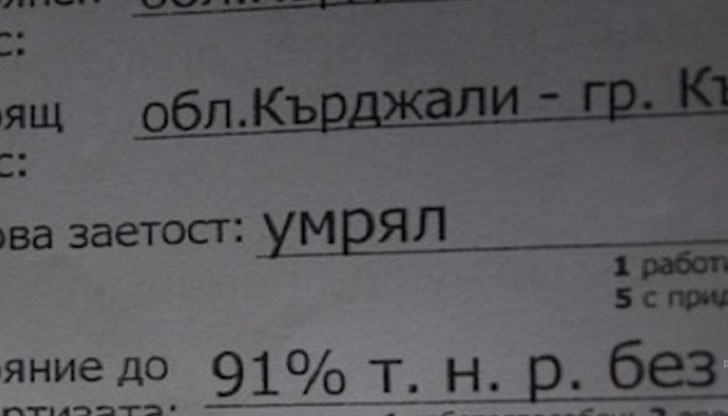 В телковото решение в графата „трудова заетост“ е записано, че инвалидизираният Димитър е „умрял В телковото решение в графата „трудова заетост“ е записано, че инвалидизираният Димитър е „умрял