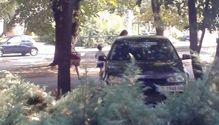 Автомобила е спрян на велоалята на тревната площ до сградата на заведението Вазата