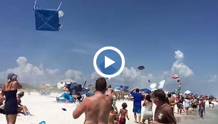 свръхзвуковия самолет буквално вдига във въздуха плажните чадъри и тенти