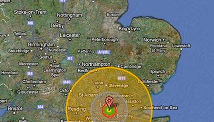 "NukeMap" позволява на потребителите да изберат град и след това да пуснат атомна бомба върху него