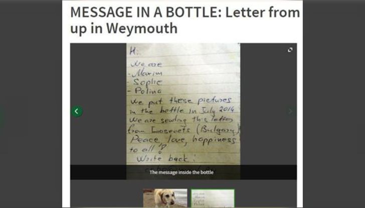 Писмо в бутилка е плавало близо 14 месеца от българския черноморски курорт Лозенец, за да стигне до южния бряг на Англия