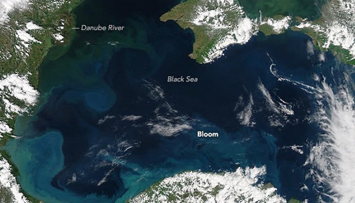 Пролетта в Черно море - светлосините тонове на снимката представят цъфтящия фитопланктон в морските води