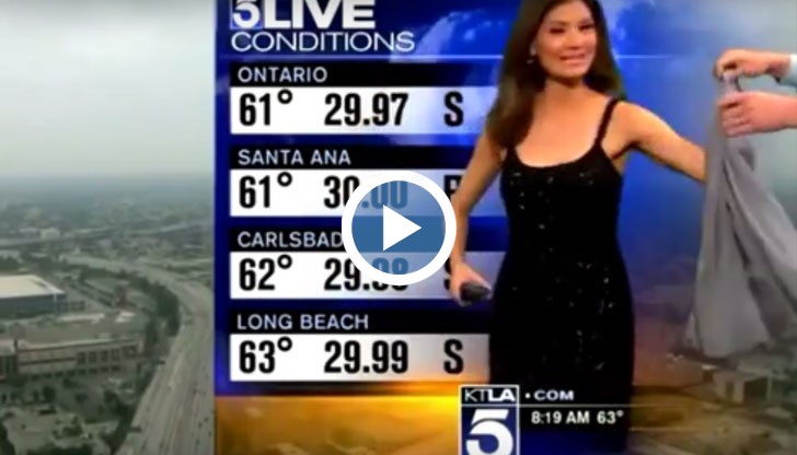 Либерте Чан е по средата на нейната сутрешна съботна прогноза за времето за KTLA, когато се подава една ръка със старомодна сива жилетка