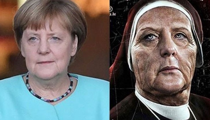 Колаж, в който канцлерът е представена в образ на монахиня със строго и тъжно изражение на лицето