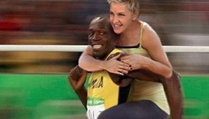 Въпросната снимка е обработена с Фотошоп и показва как Елън язди медалиста