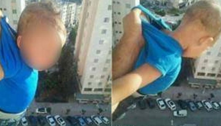 Баща провеси детето си през прозореца на висока сграда Баща провеси детето си през прозореца на висока сграда