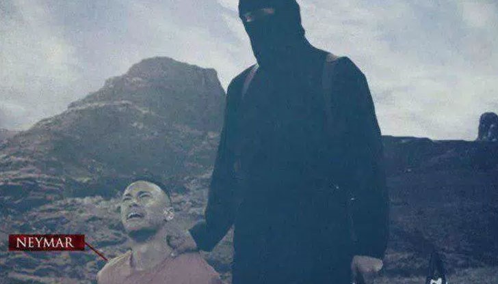 "Ислямска държава" разпространи колаж, изобразяващ Неймар с вързани зад гърба ръце, а до него безжизненото тяло на Меси
