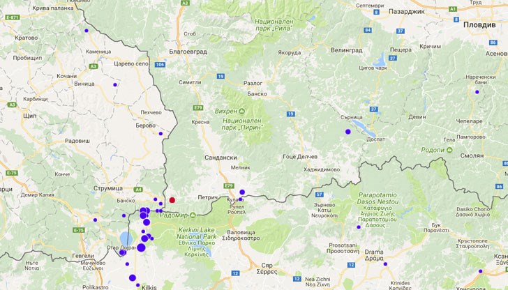 Трусът е регистриран в 14.32 часа българско време в района на село Скрът