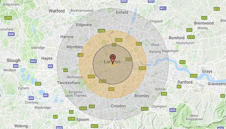 Британски медии сеят истерия: Картата показва разпространение на радиация, ако ядрената бомба падна върху Лондон