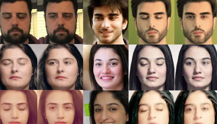 Изкуствен интелект разпознава изражението на лицето на човек и използва други негови снимки, за да генерира ново изображение, на което не сме със затворени очи