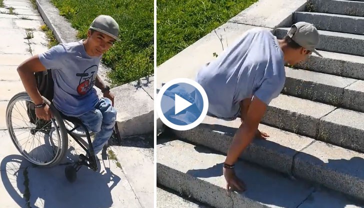 Инвалид изкачва каменното стълбище до Паметника на Свободата на връх Шипка