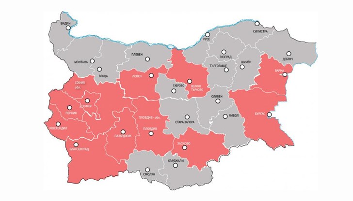 Карта на областите с взрив на морбили (в розово са засегнатите области)