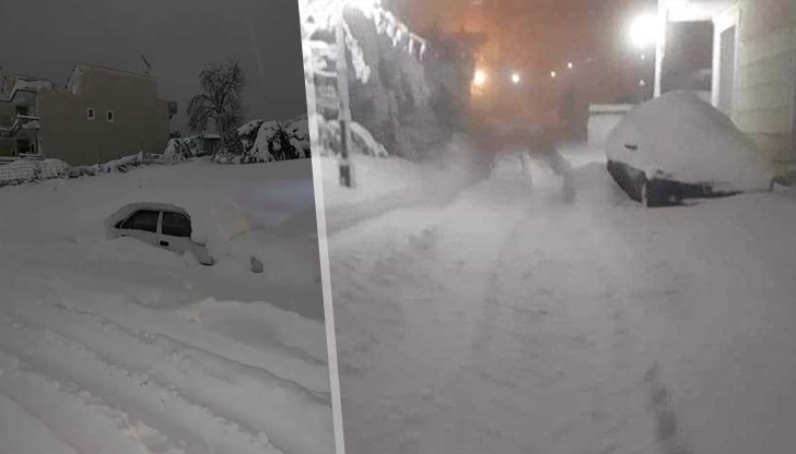 Снимки на снежната покривка в град Тива, Гърция