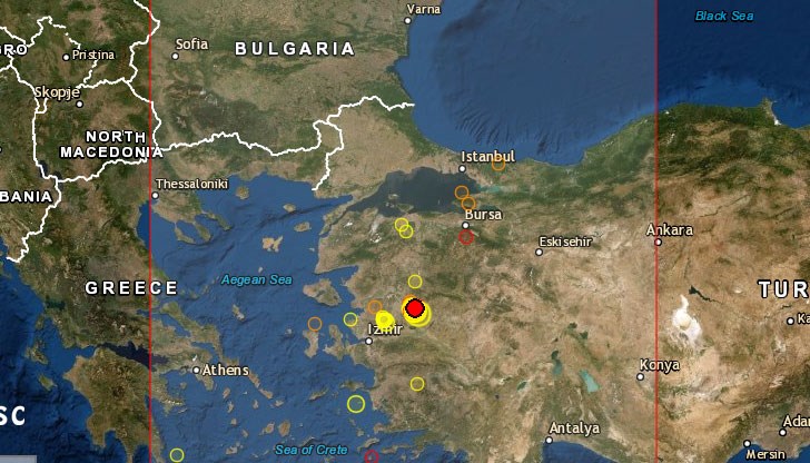 Епицентърът на труса е на 99 километра североизточно от Измир и 18 километра от Къркагач