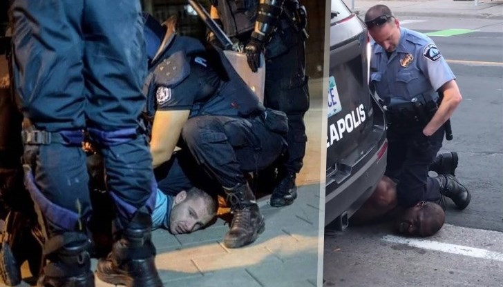 Органите на реда арестуват младо момче, а коляното на полицая е на врата на протестиращия