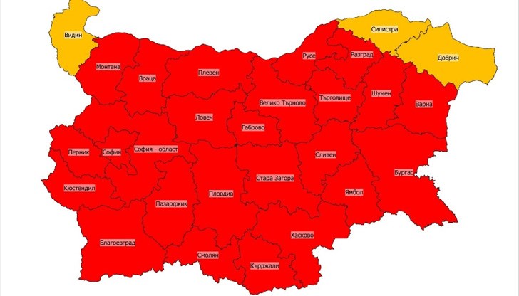 Картата на България, която показва разпространението на заразата от коронавирус у нас, пламна в червено