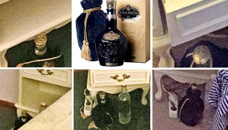 Горната снимка в средата е от реклама на Chivas Regal Royal Salute 21 YO”. Другите снимки са увеличения от снимките от спалнята на Бойко Борисов, правени през 2017 и 2019 г. На всяка край нощното шкафче присъства бутилка от това уиски и бутилка вода до него.