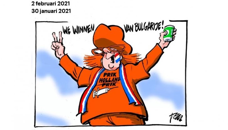 Карикатурата е от нидерландския вестник "Трау" - ироничният коментар е “Победихме България”, а на тениската пише “Боцкай, Холандия, боцкай”