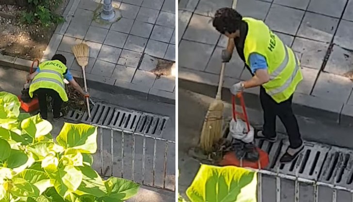 Служителка на фирма Нелсен, отговаряща за чистотата в Русе, изсипва сметените боклуци в отводнителна шахта