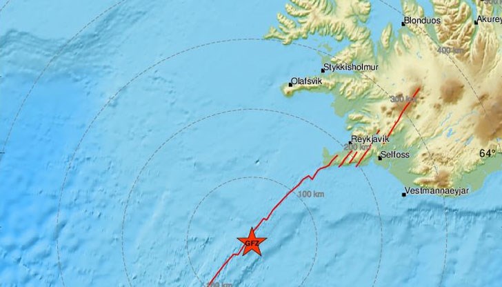 Епицентърът е бил на 230 км югозападно от Рейкявик Епицентърът е бил на 230 км югозападно от Рейкявик