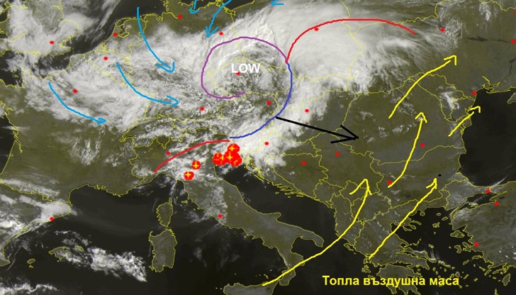 Преносът на топла въздушна маса, обхванала Централна и Югоизточна Европа, ще бъде прекратен от ново по-сериозно нахлуване на студен въздух