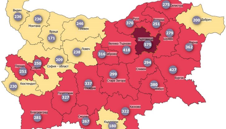 Търговище е в тъмночервен сценарий с 575 заболели на 100 000 население Търговище е в тъмночервен сценарий с 575 заболели на 100 000 население
