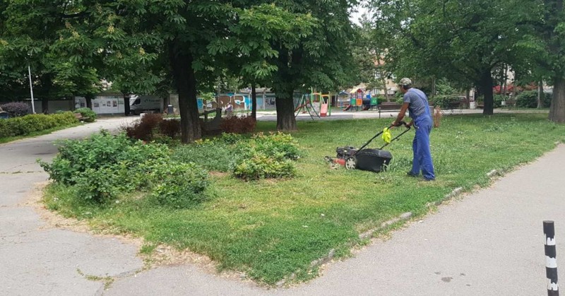 Продължава по график косенето на тревните площи в Русе.Едновременно с