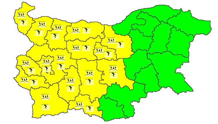 Жълт код в 16 области на страната