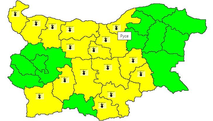 Потенциално опасно ще е времето в 16 области на страната Потенциално опасно ще е времето в 16 области на страната