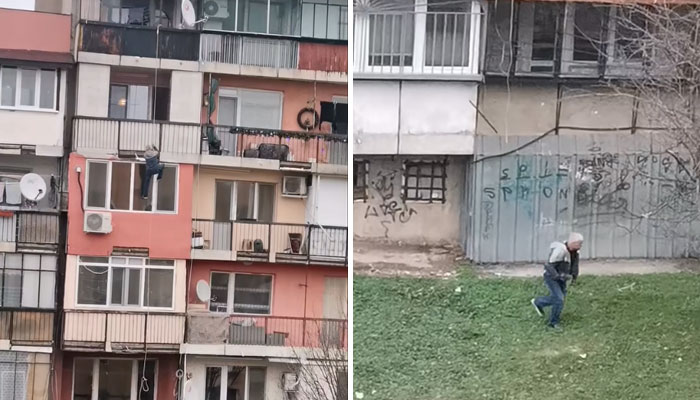 Мъж се спуска с въже от шестия етаж. Зевзеци го