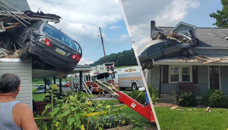 Не е ясно как автомобилът се е озовал на 5 метра височина Не е ясно как автомобилът се е озовал на 5 метра височина