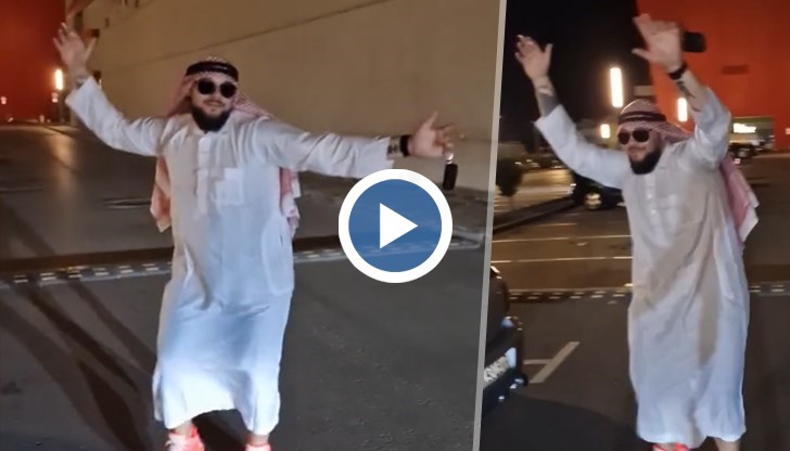 Русенец се раздава в кръшен танц, облечен като жител на Обединените арабски емирства