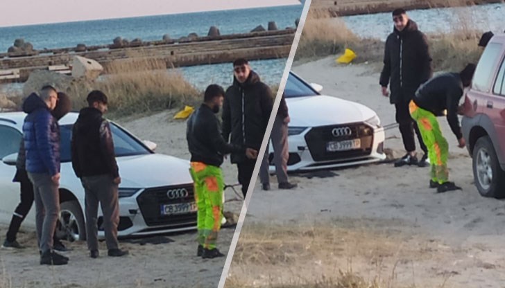 Друг автомобил се опитва да изтегли колата на нарушителя с въже Друг автомобил се опитва да изтегли колата на нарушителя с въже