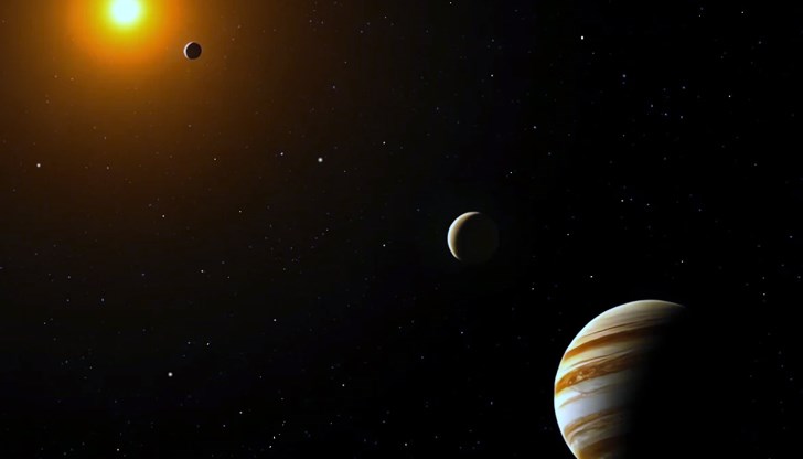 Илюстрация на трите екзопланети в системата TOI-4504. Изображението е направено с DeepAI, но силно редактирано от авторите