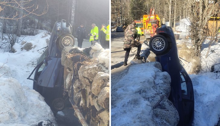 БМВ увисна вертикално и се заклещи между камъните