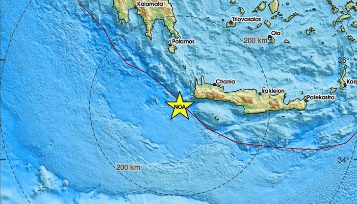 Епицентърът на труса е локализиран на 180 километра от Ираклион