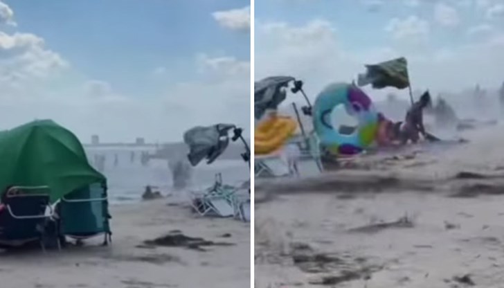 Вихрушката разхвърля чадъри и дюшеци в морето