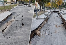 Пропаднал асфалт до плувния комплекс в Русе Проливният дъжд в