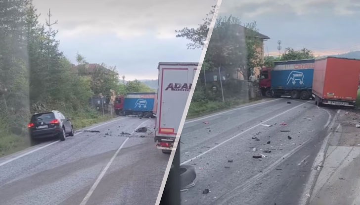 Камионът е препречил пътя, колата е паднала в канавката, няма данни за пострадали