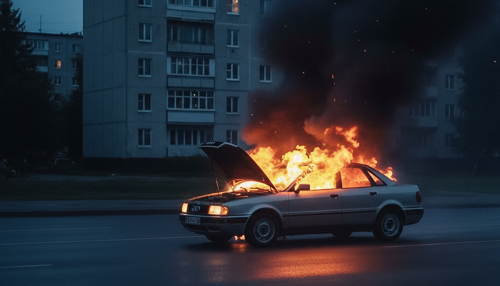 Пламъците са тръгнали от двигателния отсекАвтомобил Ауди А3 се е