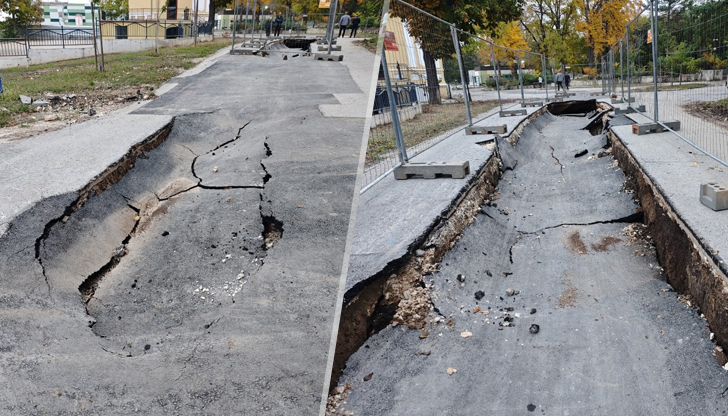 Пропаднал асфалт до плувния комплекс в Русе Проливният дъжд в