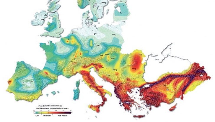 Карта на рисковете от сеизмична активност в Европа